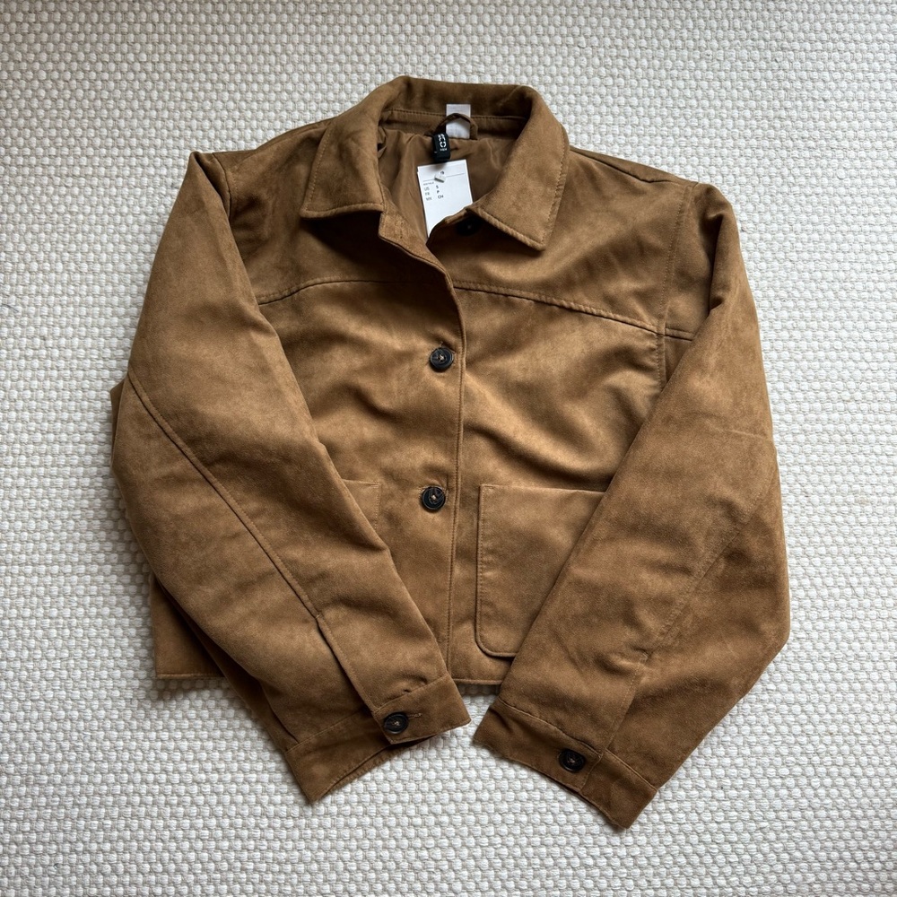 H&M Collared Camel Brown Faux Suede Jacket 🍁 Size Small NWT
